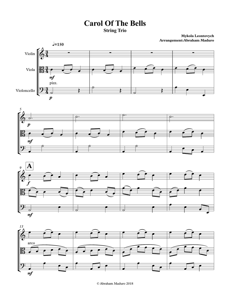 Carol Of The Bells Violin Viola Cello Trio String Trio scores gallery preview page 1