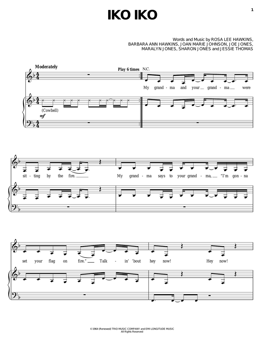 Iko Iko Piano, Vocal, Guitar scores gallery preview page 1