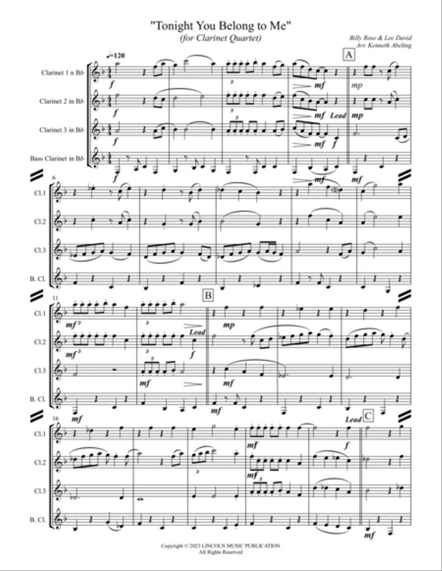 Tonight You Belong to Me (for Clarinet Quartet) Clarinet Quartet scores gallery preview page 2