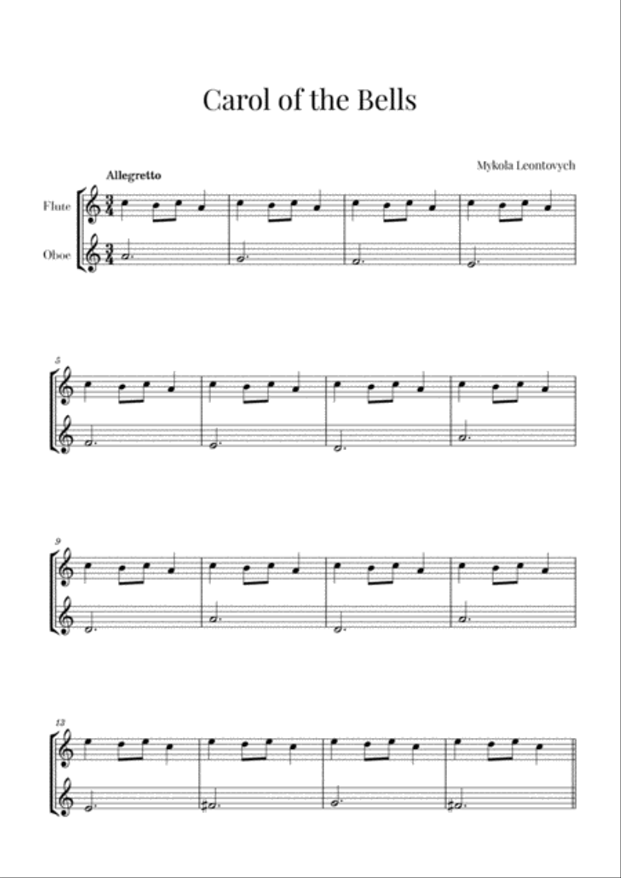 Carol of the Bells for Flute and Oboe Woodwind Duet scores gallery preview page 1