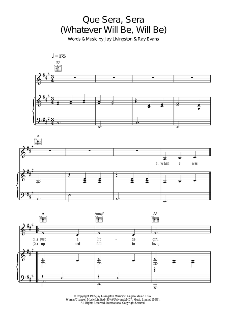Que Sera, Sera (Whatever Will Be, Will Be) Piano, Vocal, Guitar scores gallery preview page 1