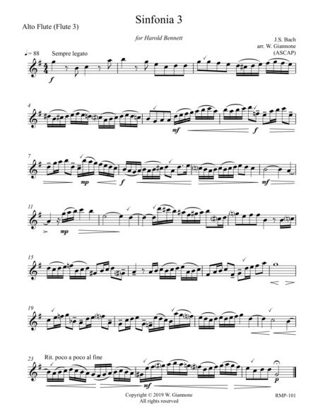 Bach - 15 Three-part Inventions for 3 Flutes-AltoFluteParts (Flute 3)