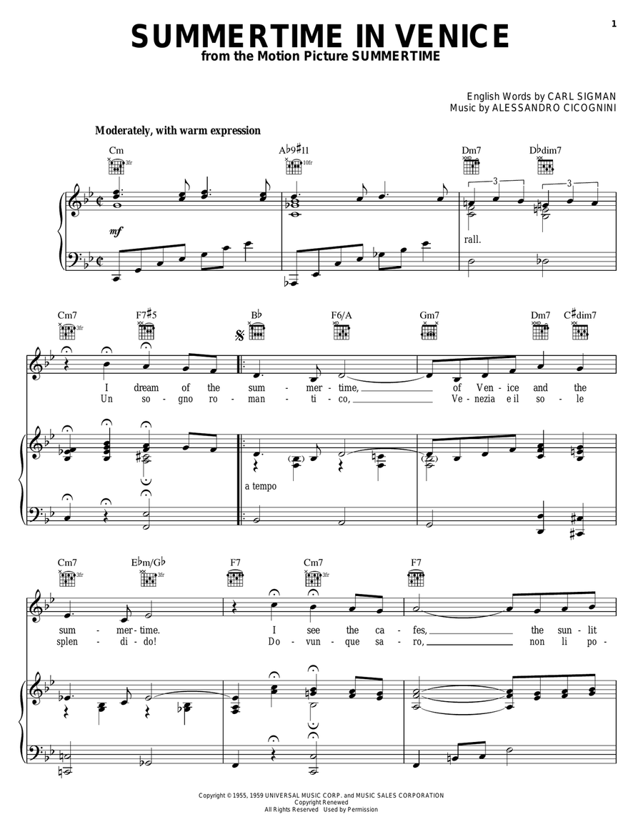 Summertime In Venice Summertime In Venice Piano, Vocal, Guitar scores gallery preview page 1