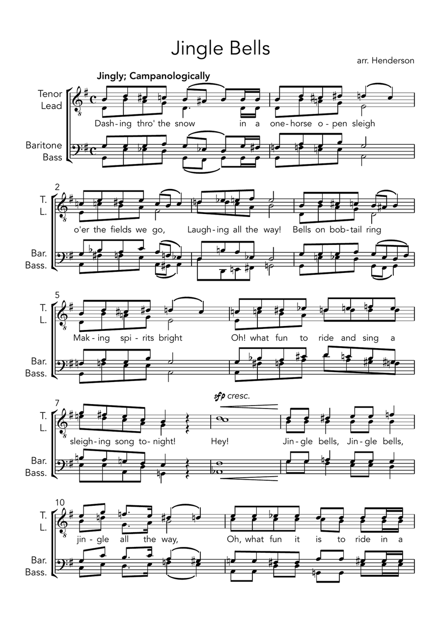 Jingle Bells (barbershop) TTBB scores gallery preview page 1