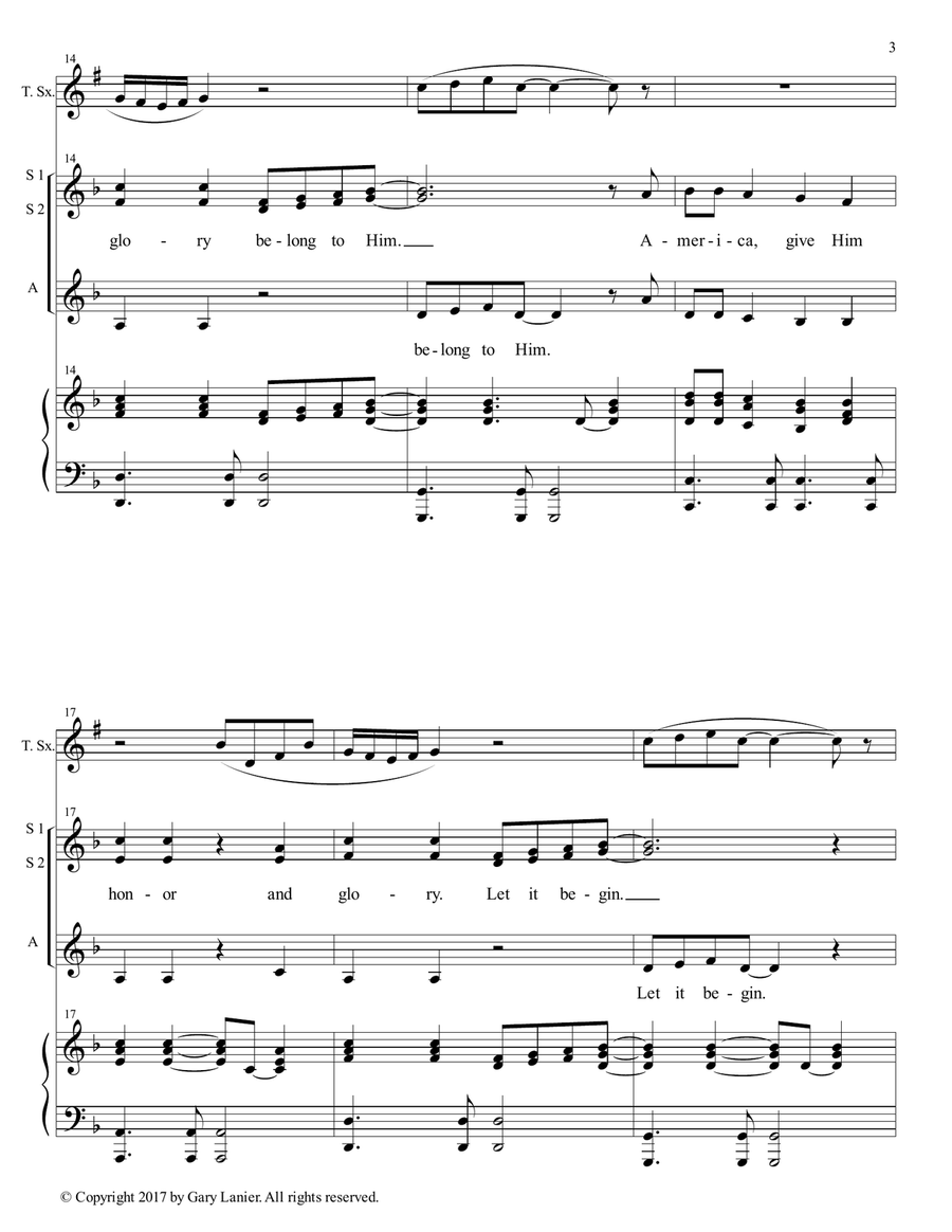AMERICA, HONOR GOD (Ladies Trio - SSA with Tenor Sax & Piano) SSA scores gallery preview page 4