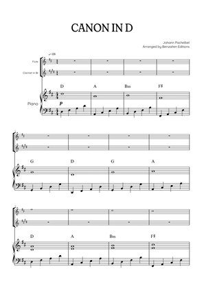 Pachelbel Canon in D • flute & clarinet duet sheet music w/ piano accompaniment [chords]