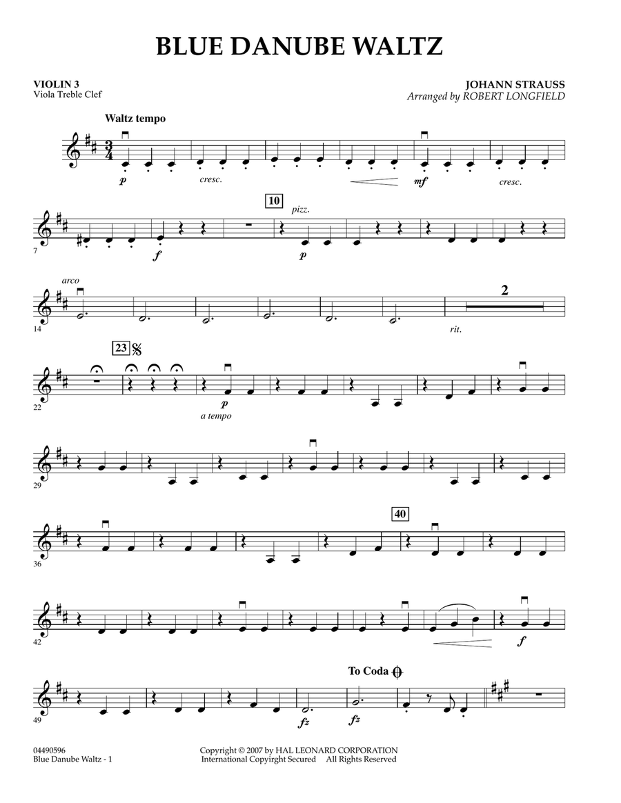 Blue Danube Waltz - Violin 3 (Viola Treble Clef) Orchestra scores gallery preview page 1