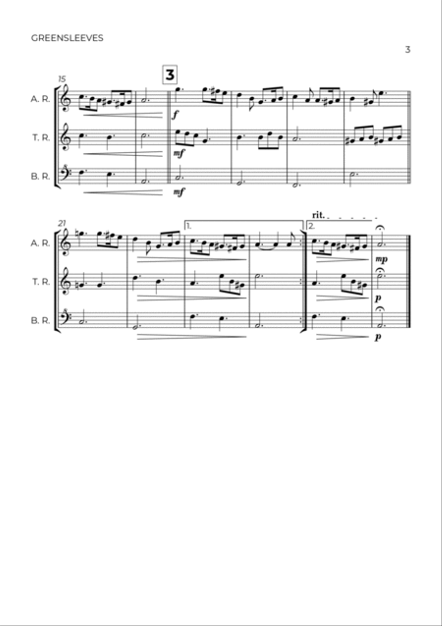 GREENSLEEVES - ANONYMUS – ALTO, TENOR & BASS RECORDER TRIO Alto Recorder scores gallery preview page 3