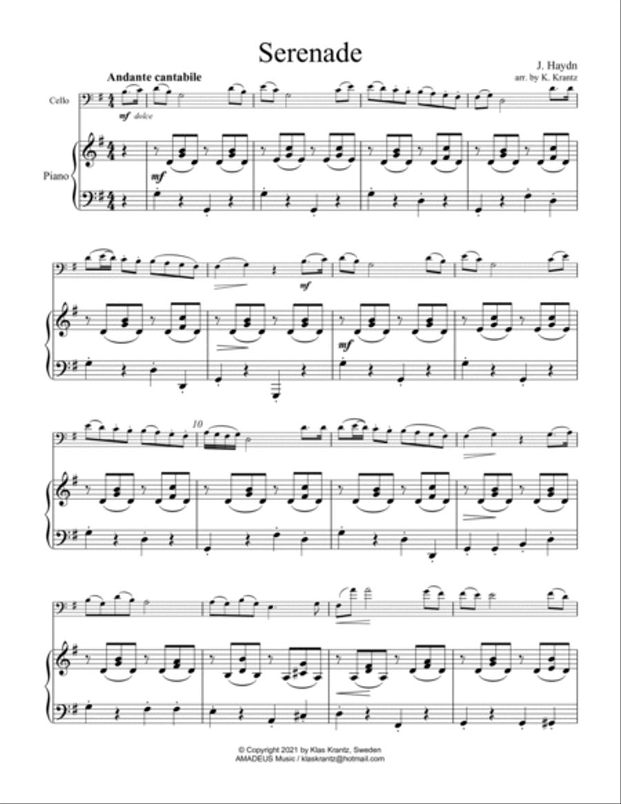 Serenade for cello and easy piano (G major) Easy Piano scores gallery preview page 2