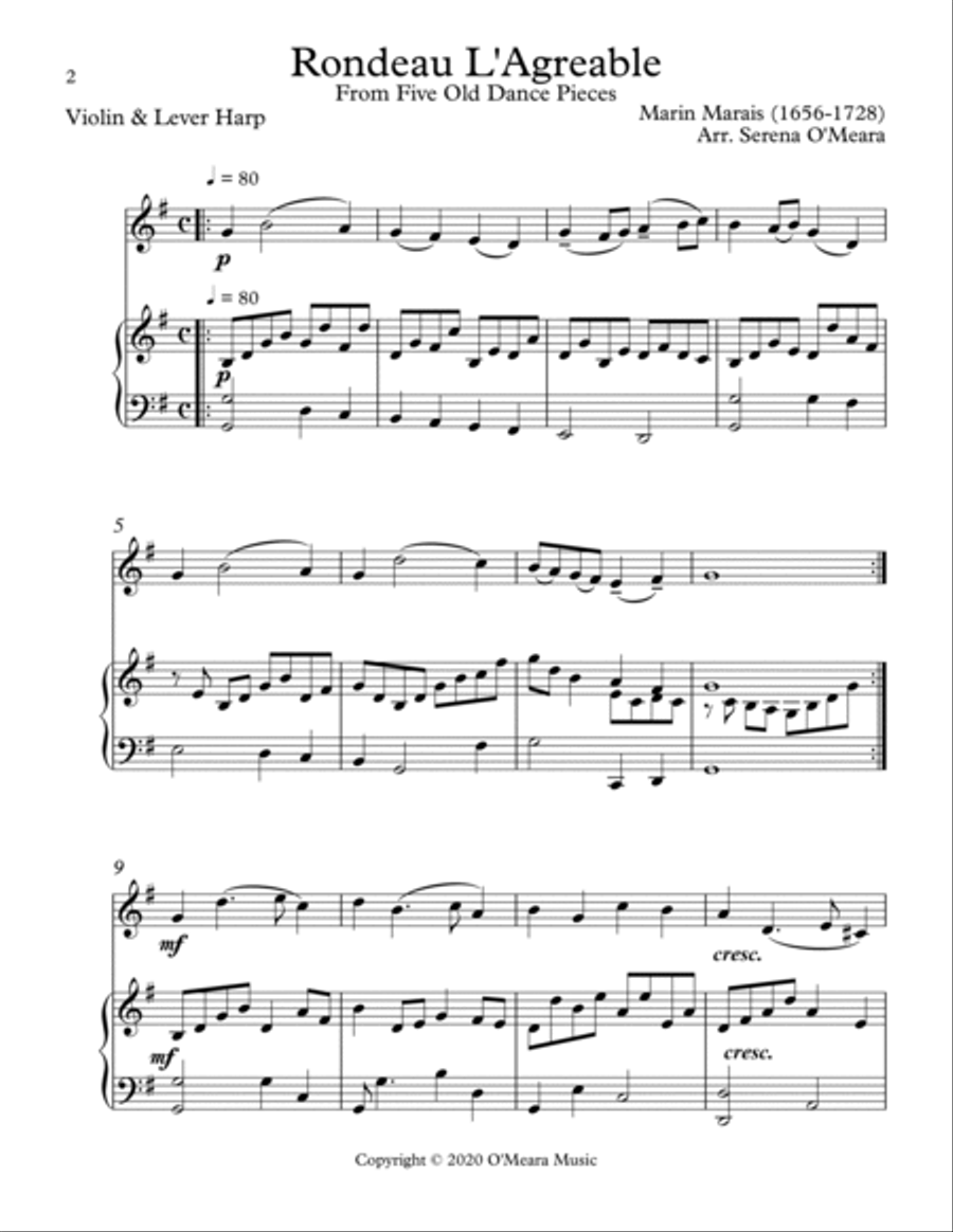 Rondeau L’Agreable, Duet for Violin & Lever Harp String Duet scores gallery preview page 2