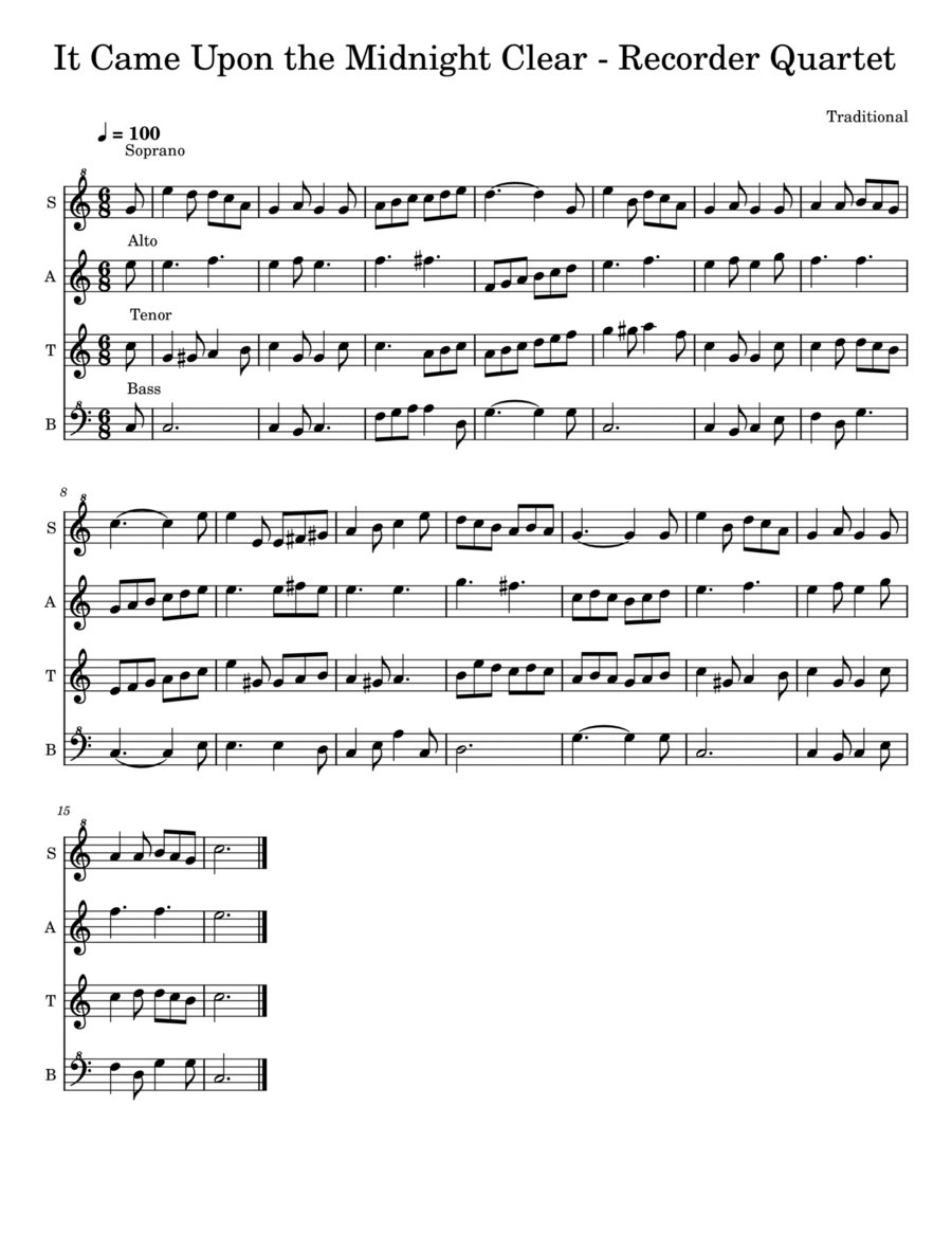It Came Upon the Midnught Clear (Recorder Quartet) Woodwind Quartet scores gallery preview page 1