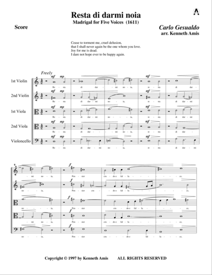 Resta di darmi noia (for string quintet) String Quintet scores gallery preview page 3