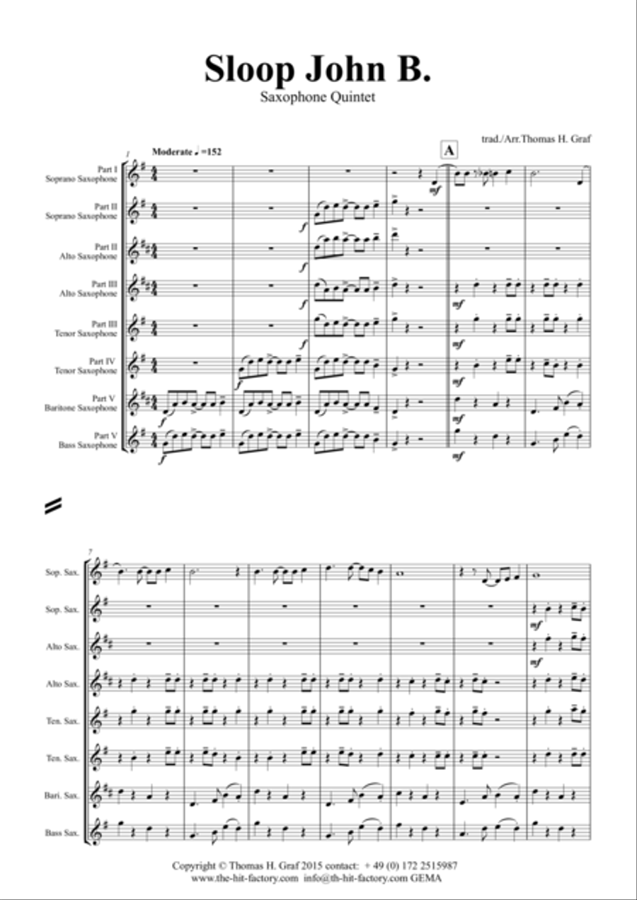 Sloop John B. - Caribian Folk Song - Saxophone Quintet Saxophone Quintet scores gallery preview page 1