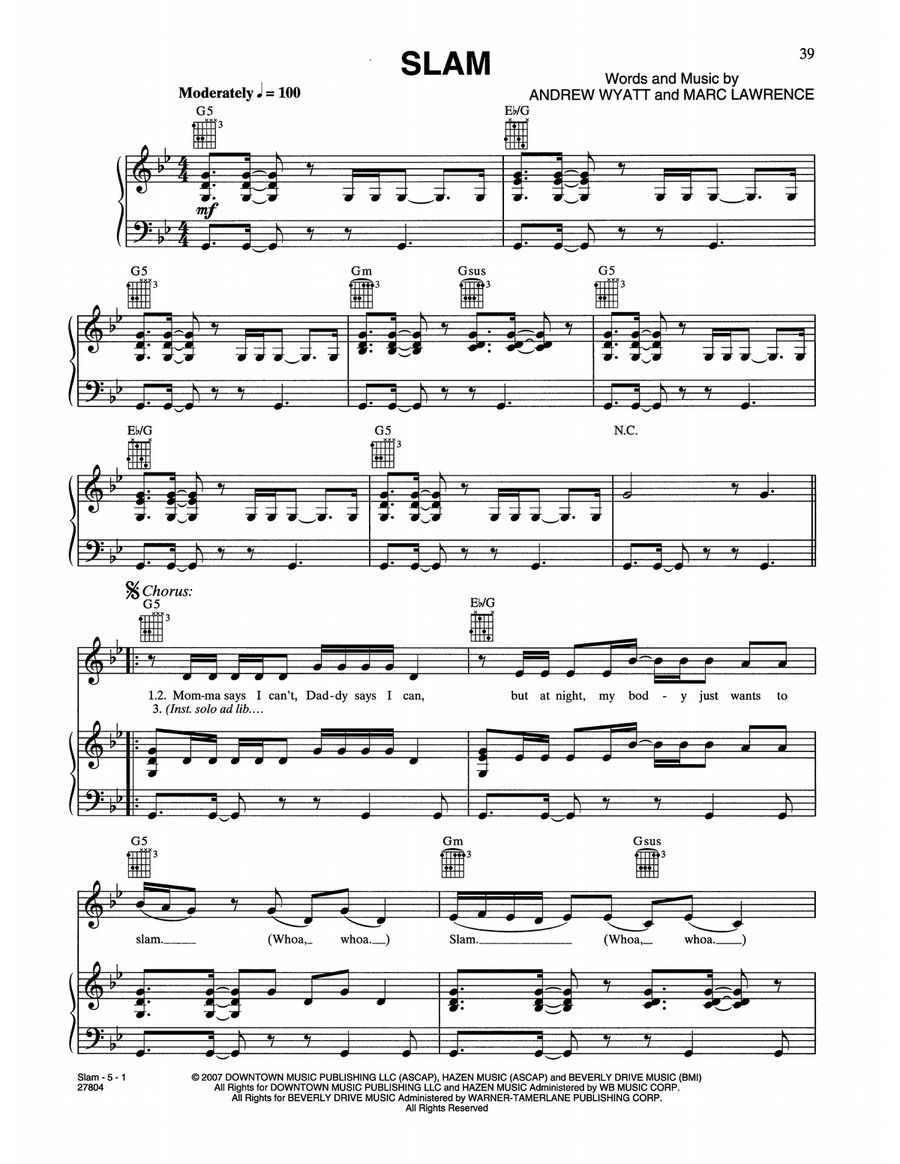 Slam (from Music And Lyrics) Piano, Vocal, Guitar scores gallery preview page 1