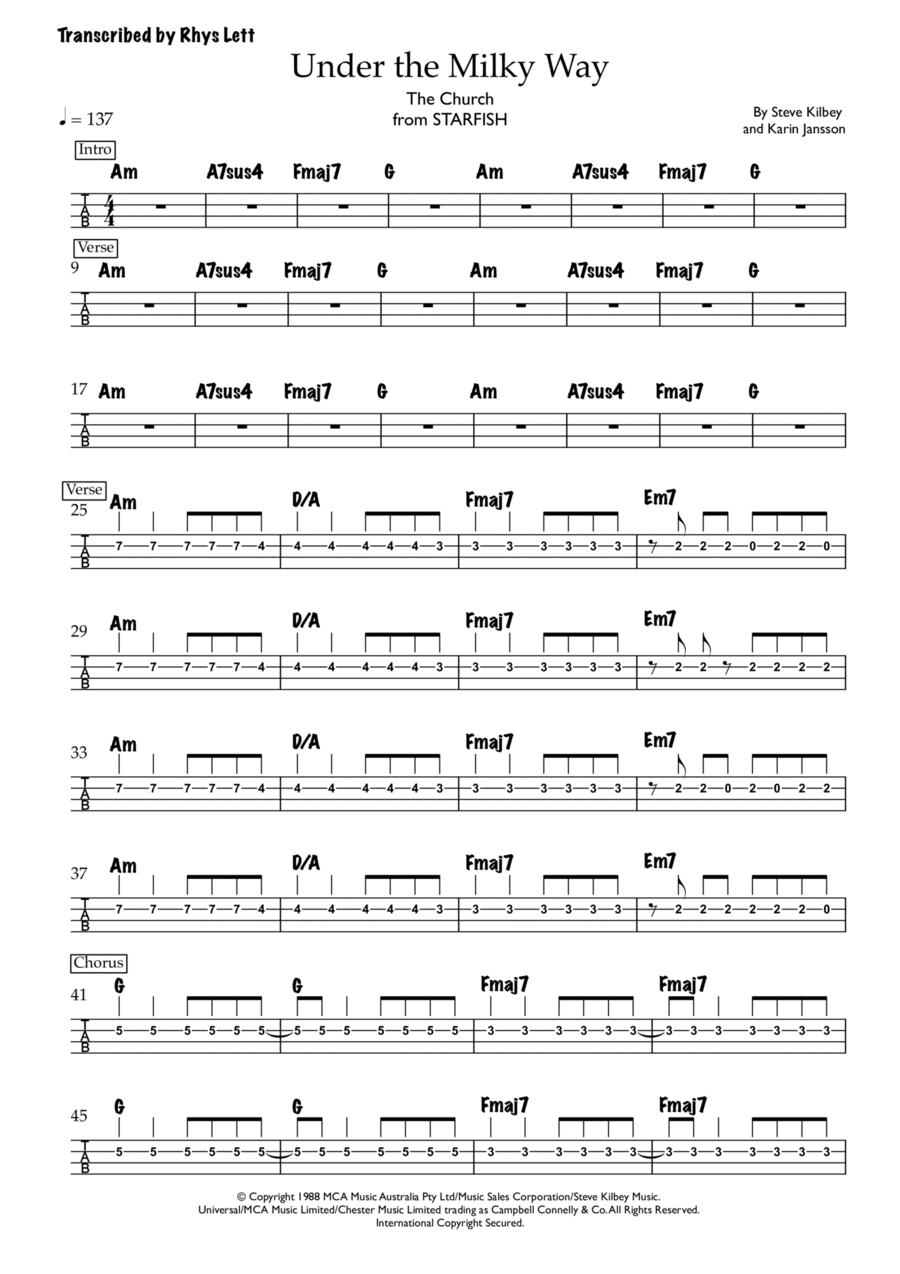 Under The Milky Way Under The Milky Way Guitar Tablature scores gallery preview page 1