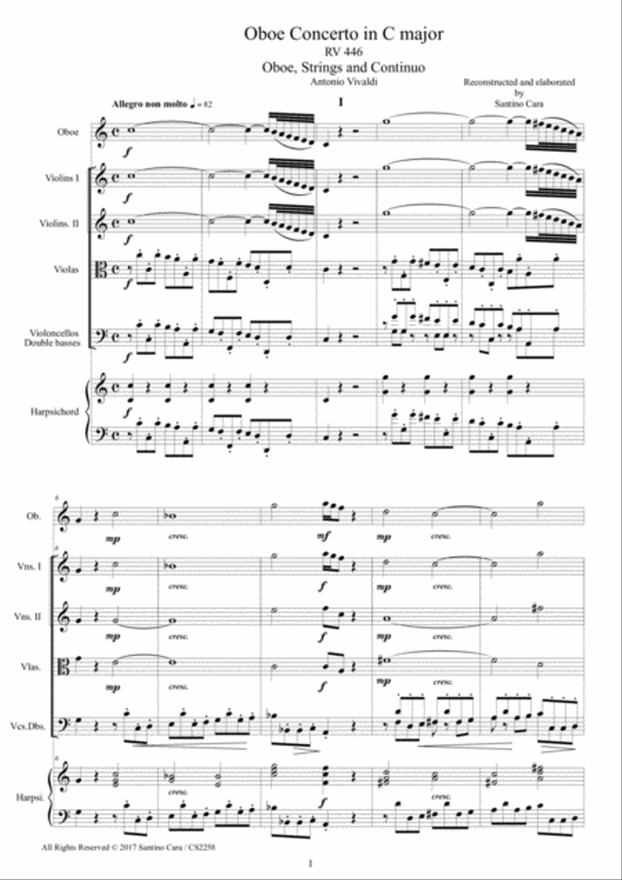 Vivaldi - Oboe Concerto in C major RV 447 for Oboe, Strings and Continuo - Score and Parts Chamber Orchestra scores gallery preview page 1
