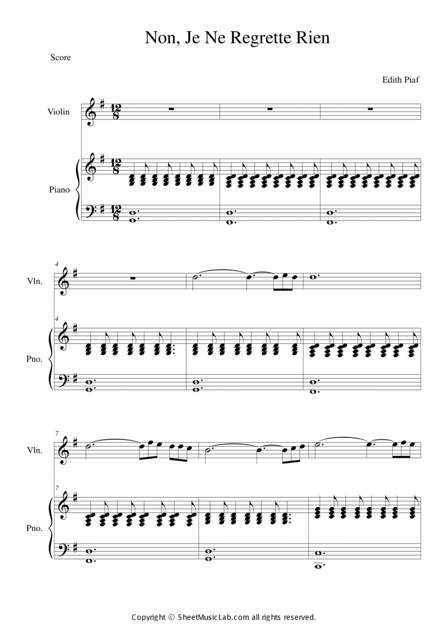 Non, Je Ne Regrette Rien Violin Solo scores gallery preview page 1