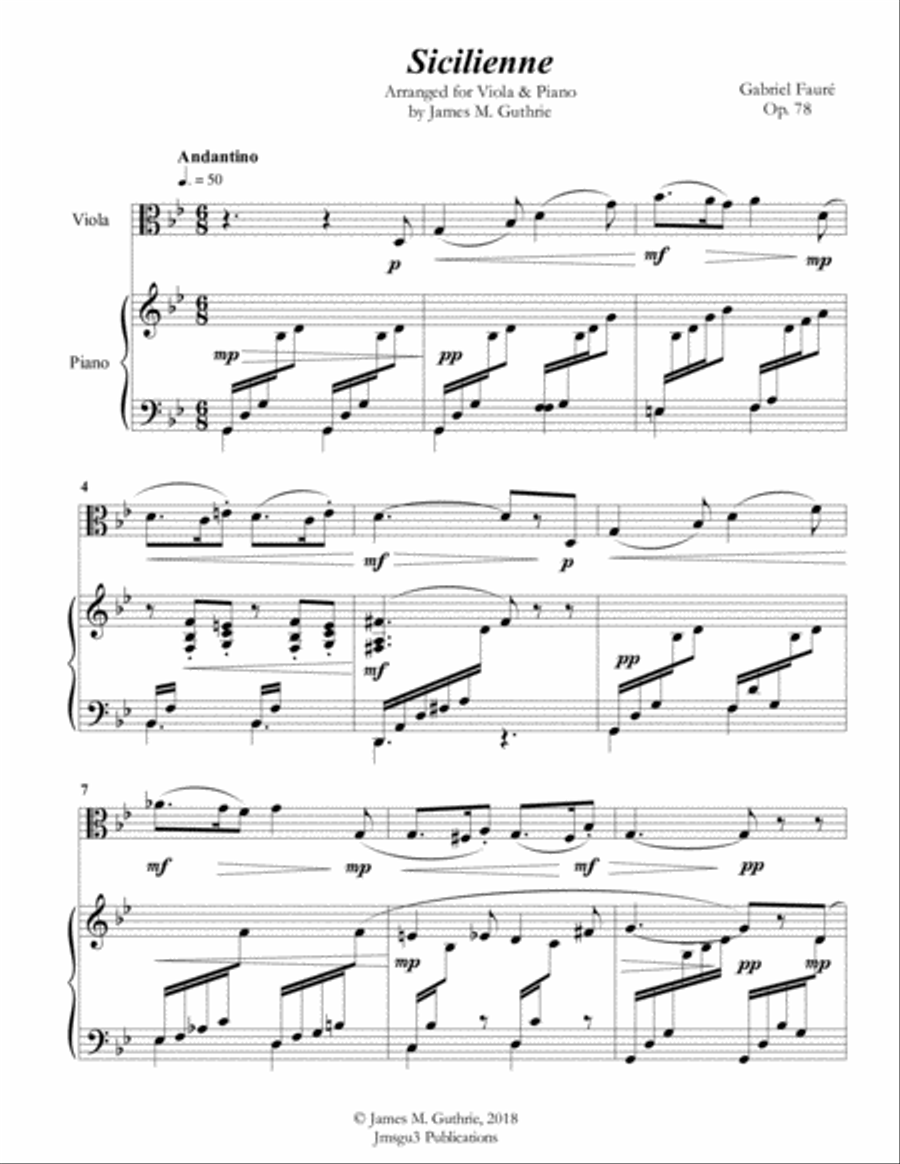 Fauré: Sicilienne for Viola & Piano Viola scores gallery preview page 2