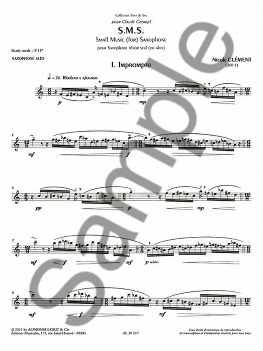 S.m.s. (small Music For Saxophone) (5'15'') (8e) (collection Vent De Sax) P