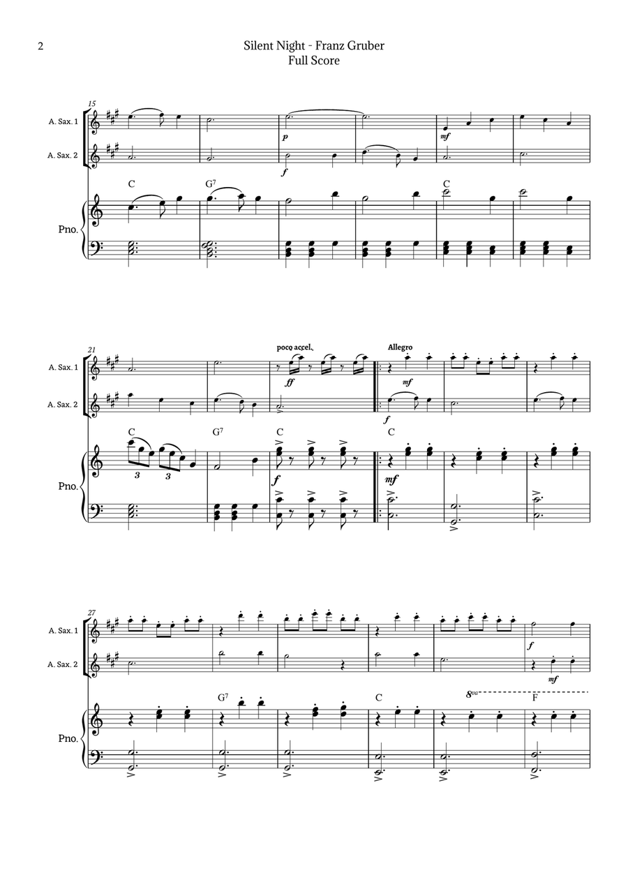 Silent Night for Alto Sax Duet with Piano Woodwind Duet scores gallery preview page 2