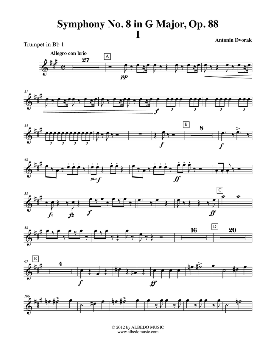 Dvorak Symphony No. 8, Movement I - Trumpet in Bb 1 (Transposed Part), Op. 88 B-Flat Trumpet scores gallery preview page 1