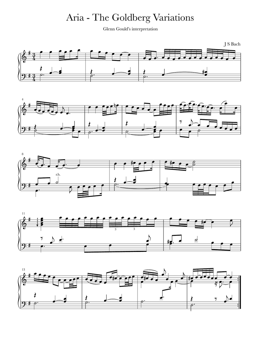 Aria - from Goldberg Variations - transcription from Glenn Gould’s interpretation Piano Solo scores gallery preview page 1