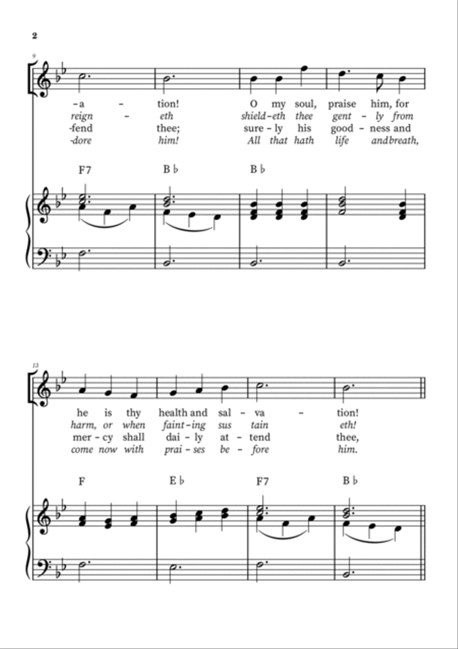 Praise To The Lord, The Almighty – Voice with Piano Accompaniment (B Flat Major) Voice scores gallery preview page 2
