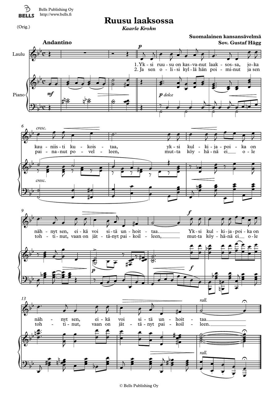 Ruusu laaksossa (Original key. G minor) Voice Solo - Digital Sheet Music