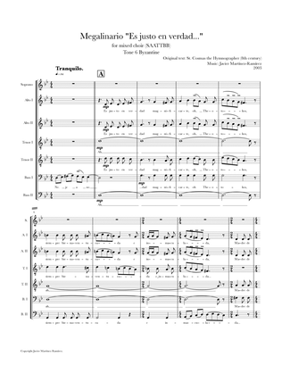 Megalinario "Es justo en verdad..." for mixed choir (SAATTBB)