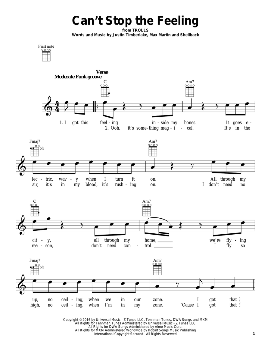 Can't Stop The Feeling Ukulele scores gallery preview page 1