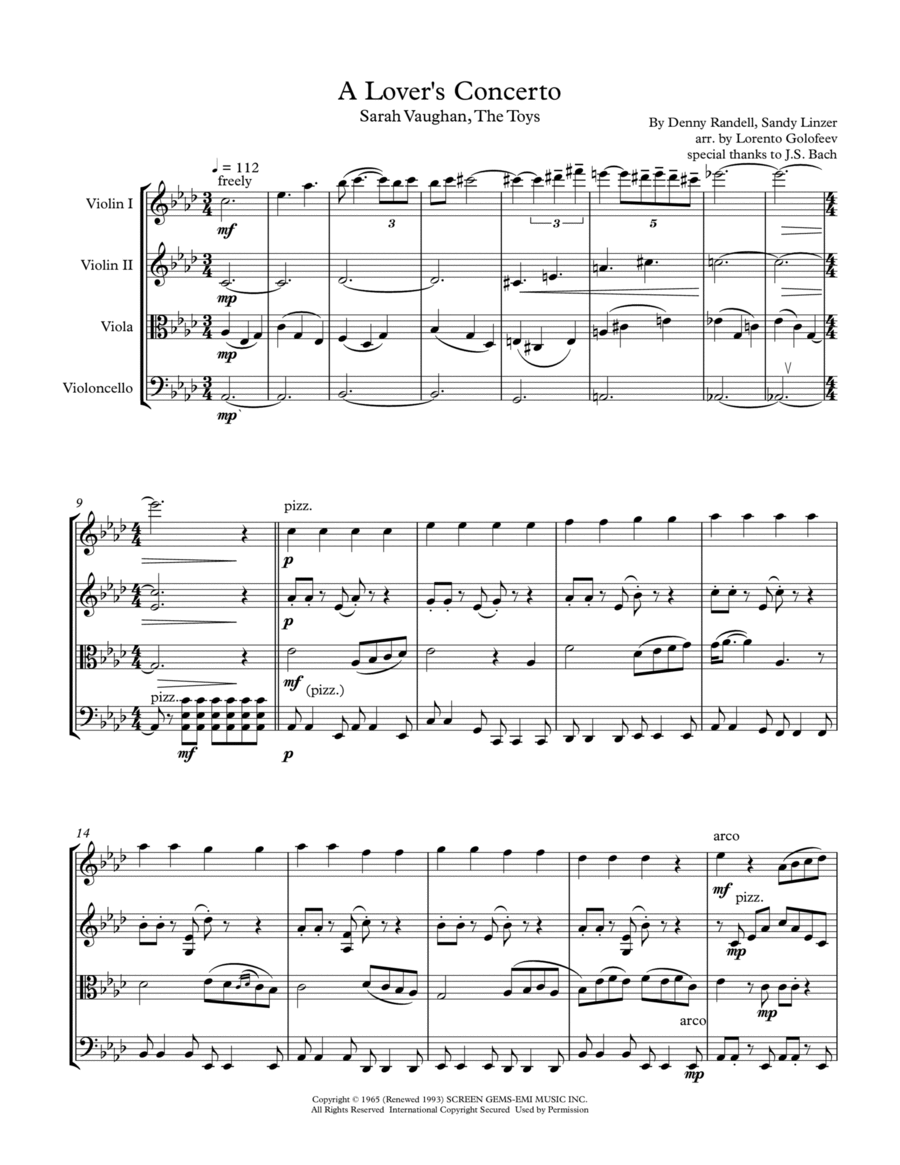 A Lover's Concerto A Lover's Concerto String Quartet scores gallery preview page 1