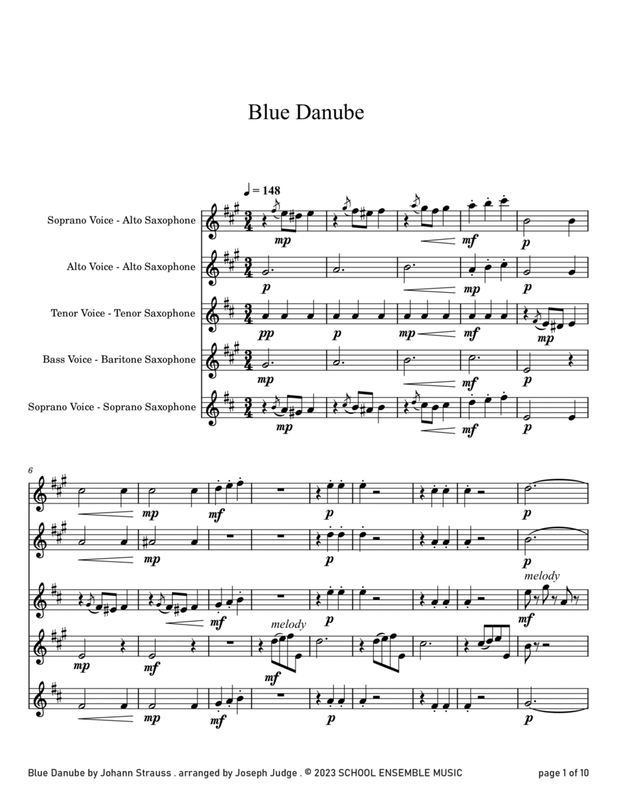 Blue Danube by Strauss for Saxophone Quartet in Schools Saxophone Quartet scores gallery preview page 1
