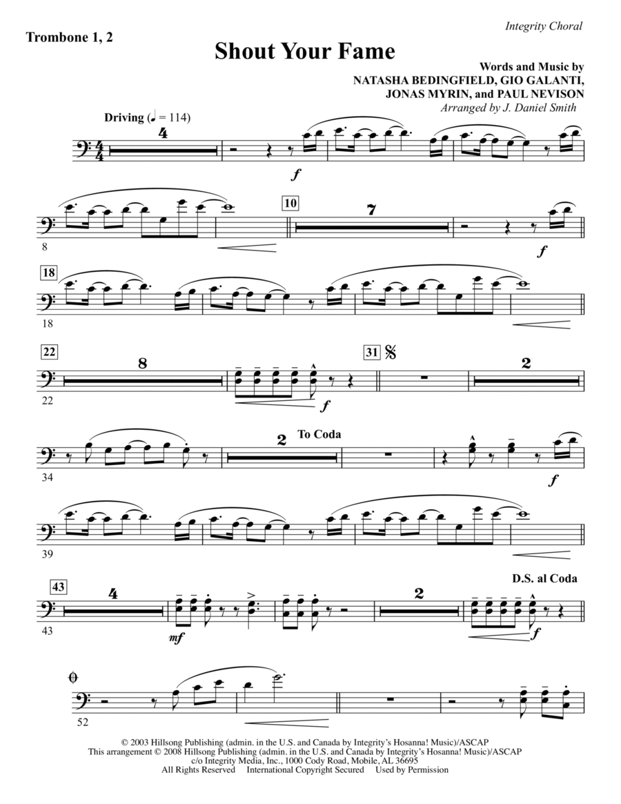 Shout Your Fame - Trombone 1 & 2 Choir scores gallery preview page 1