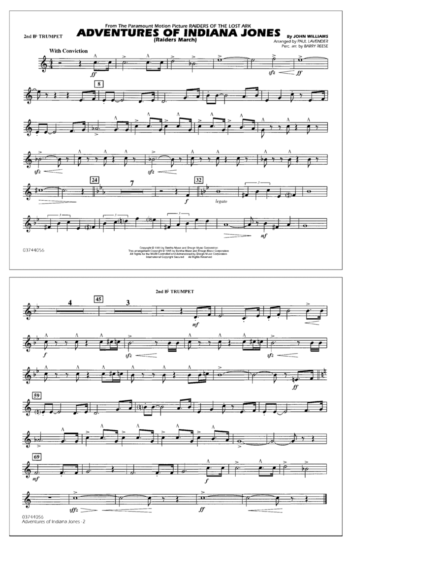 Adventures Of Indiana Jones (Raiders March) (arr. Paul Lavender) - 2nd Bb Trumpet Marching Band scores gallery preview page 1