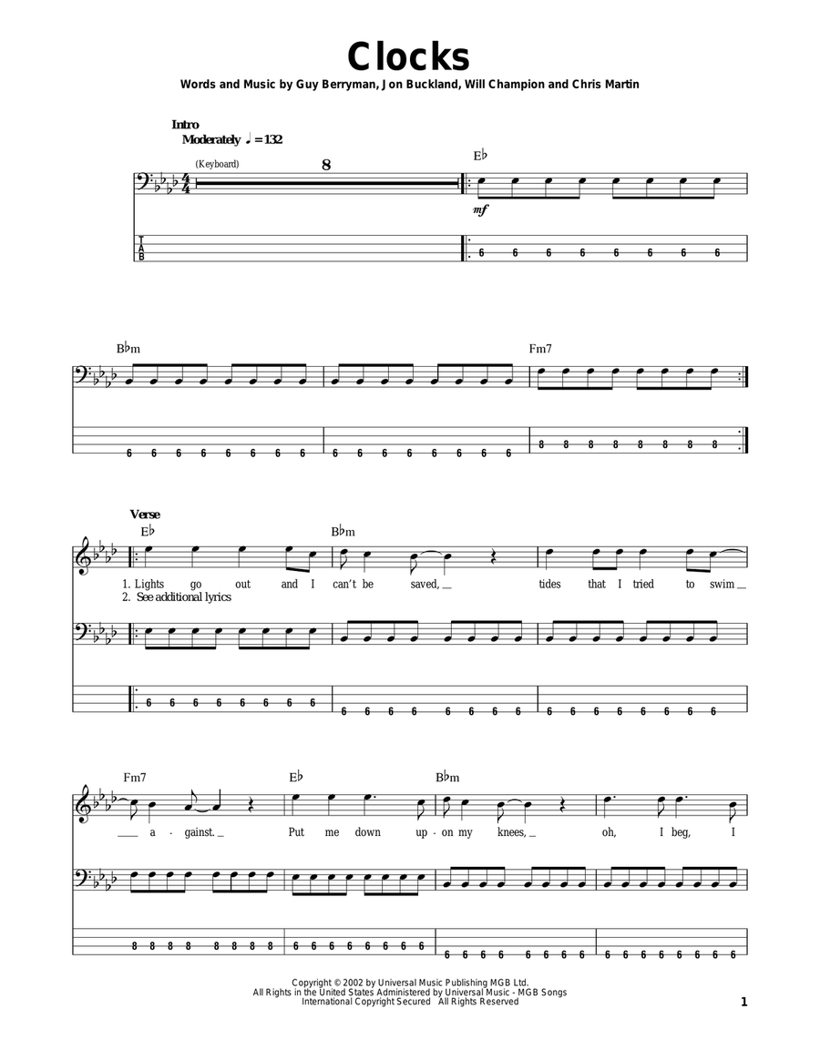 Clocks Bass Guitar Tablature scores gallery preview page 1