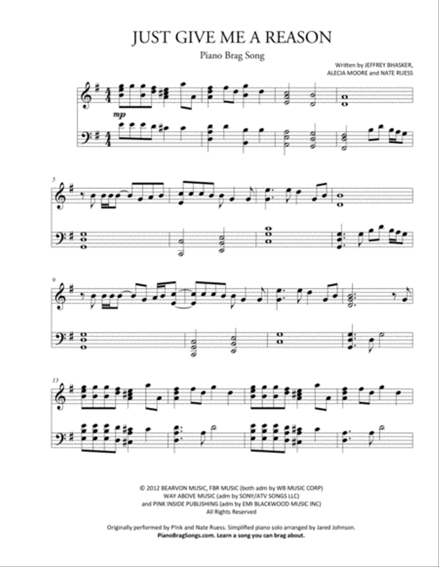 Just Give Me A Reason Just Give Me A Reason Piano Solo scores gallery preview page 1