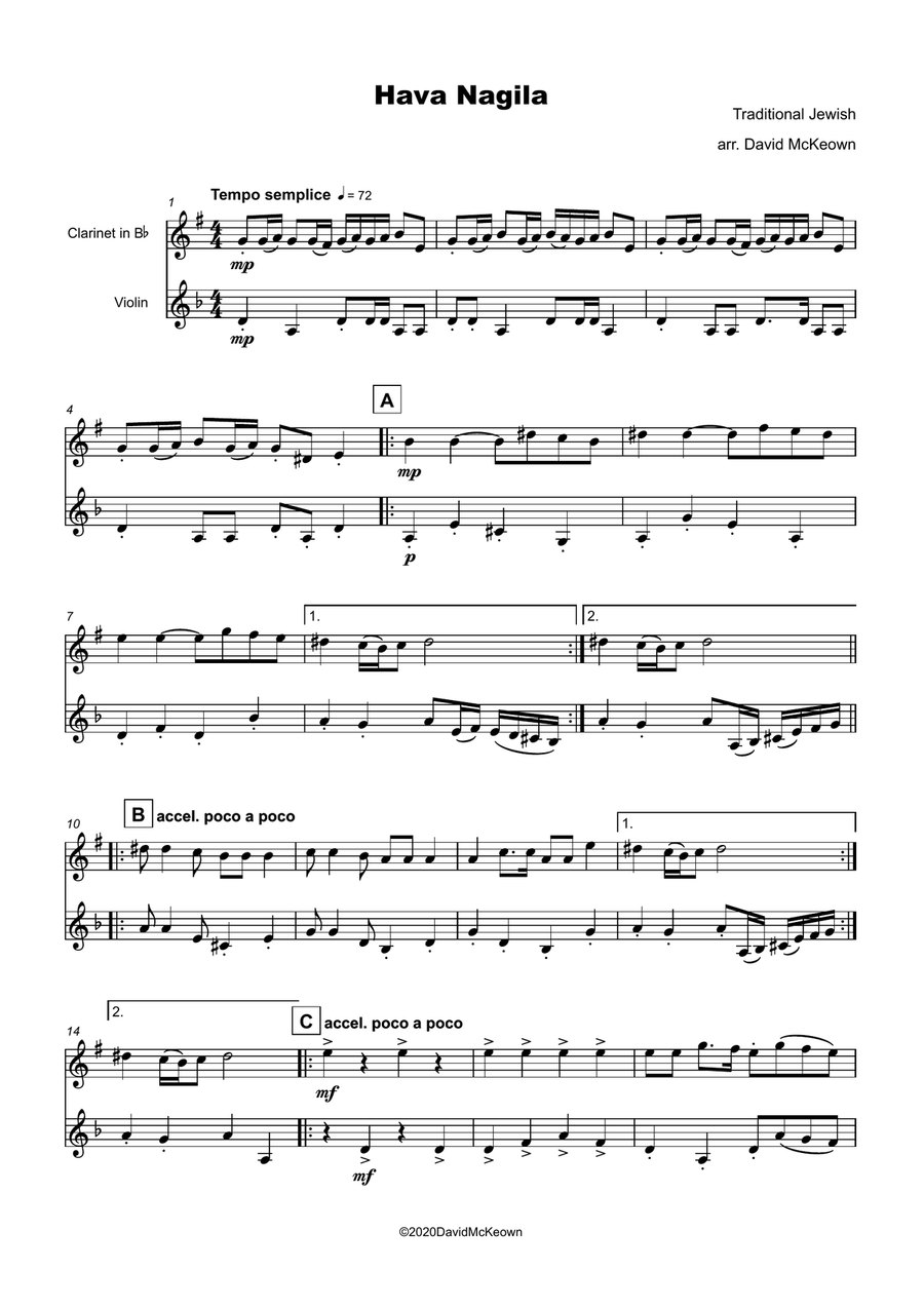 Hava Nagila, Klezmer tune for Clarinet and Violin Duet Clarinet scores gallery preview page 2