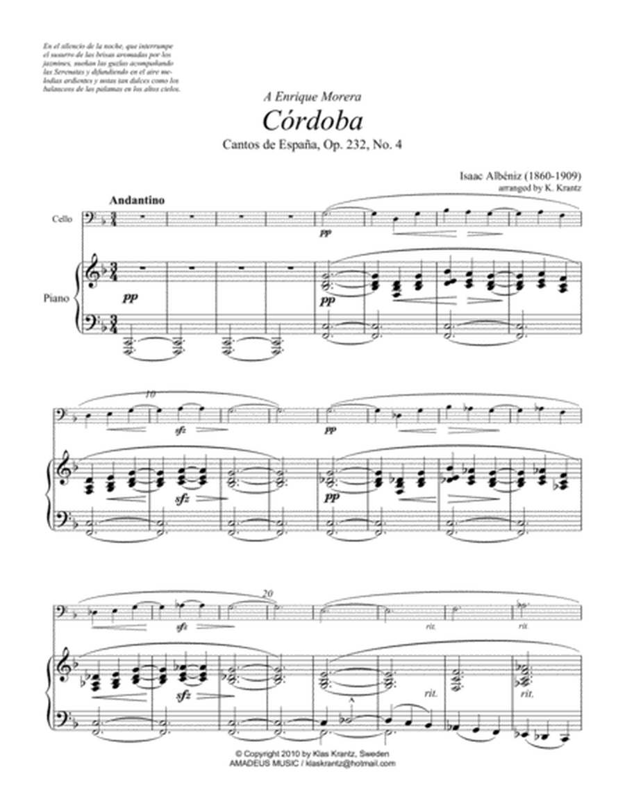 Cordoba from Cantos de Espana, Op. 232 for cello and piano image number null