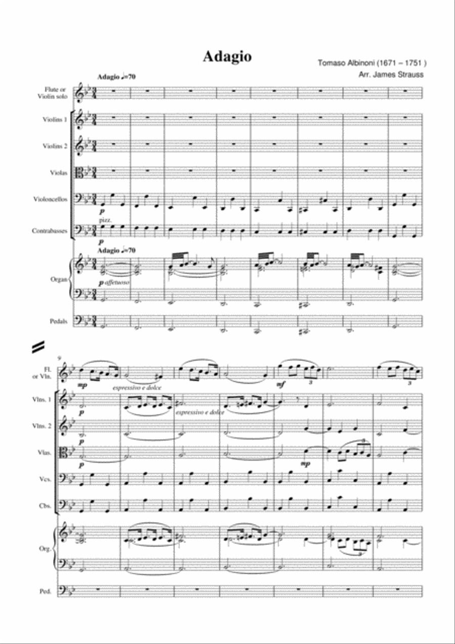 Adagio in g minor for flute, strings and organ String Orchestra scores gallery preview page 3