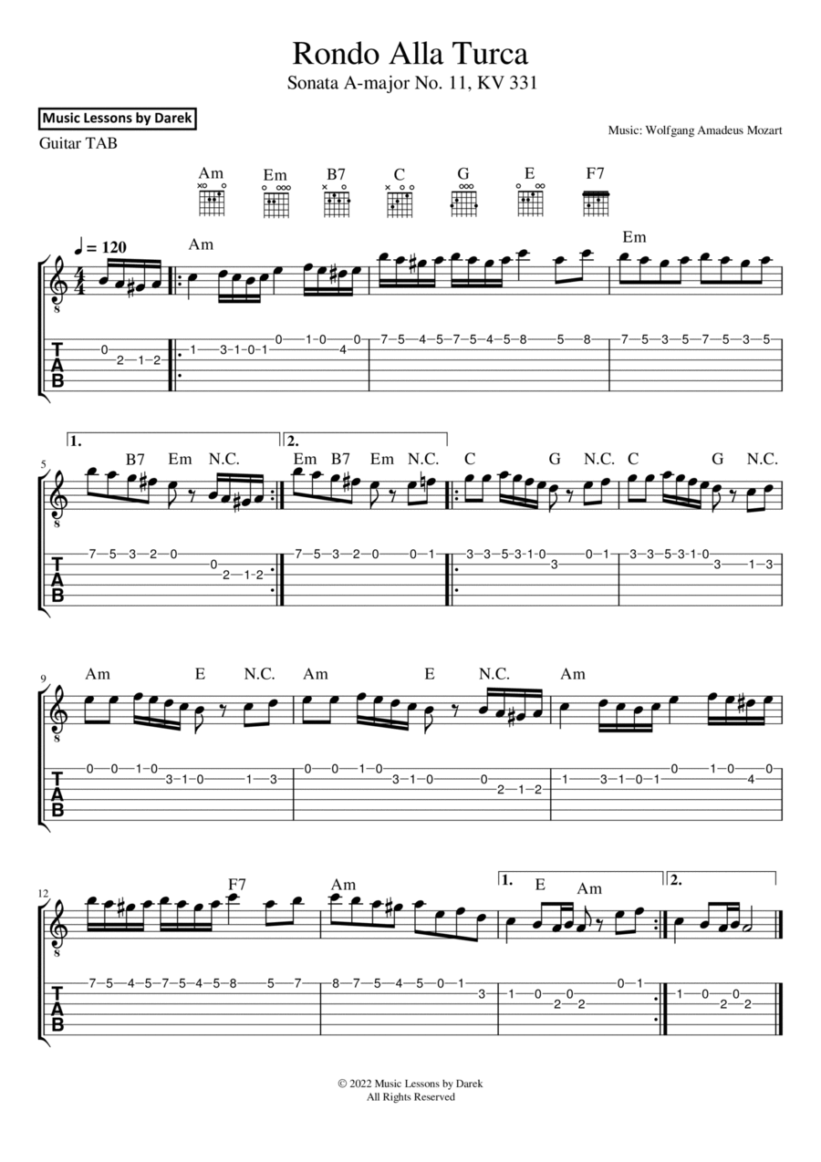 Rondo Alla Turca (GUITAR TAB) Sonata A-major No. 11, KV 331 [Wolfgang Amadeus Mozart] EXCERPT Acoustic Guitar scores gallery preview page 1