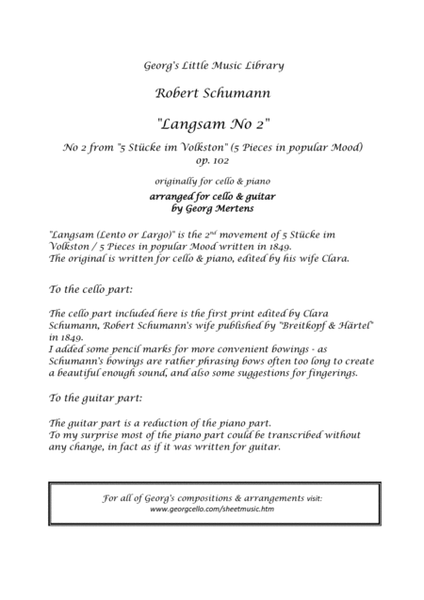 Schumann "Langsam" for cello & guitar. No 2 from 5 Stücke im Volkston (5 Pieces in popular Mood)