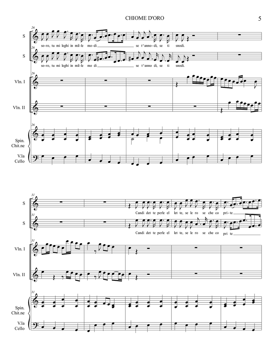 CHIOME D'ORO - C. Monteverdi - For 2 Soprano, 2Violini, Spinetta, e Basso (Cello) Small Ensemble scores gallery preview page 5