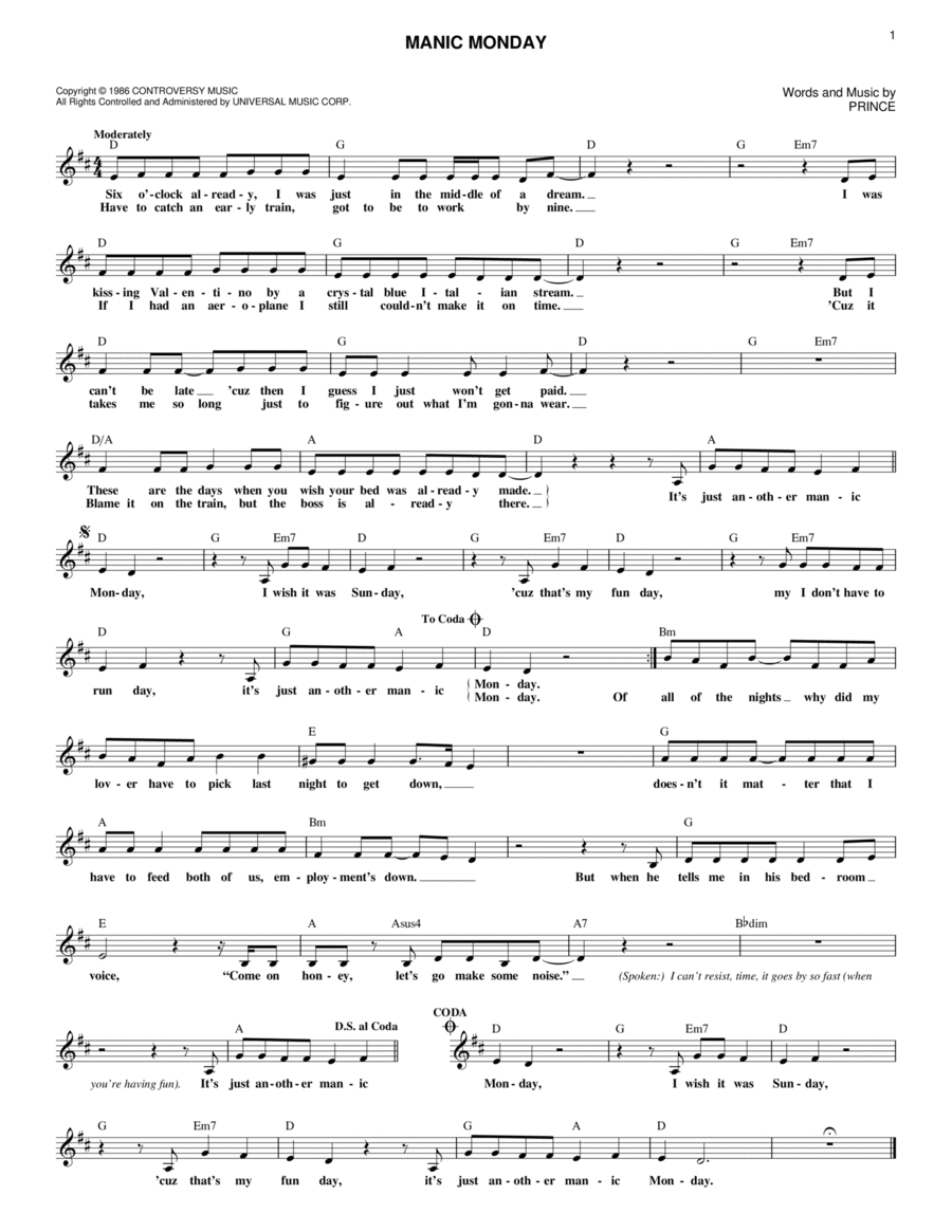 Manic Monday Piano scores gallery preview page 1