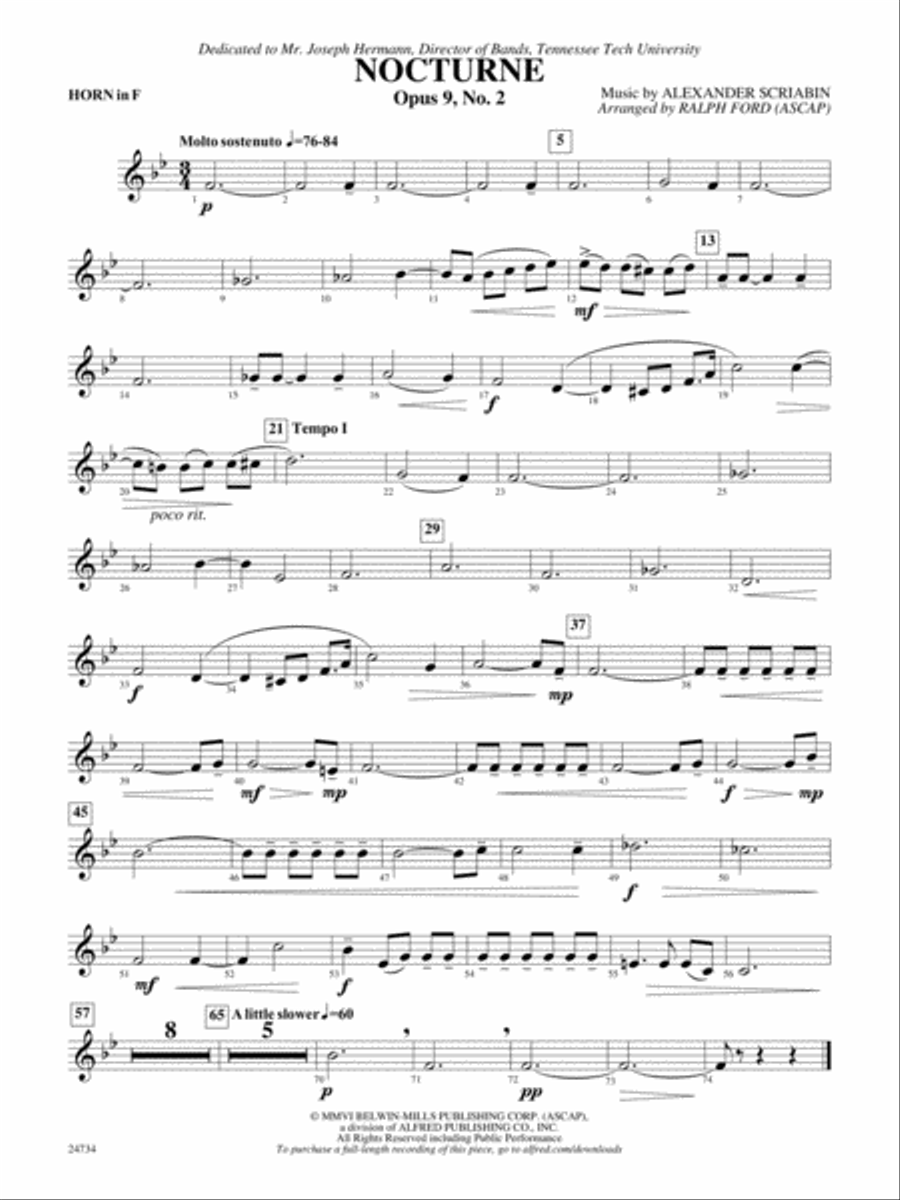 Nocturne (Opus 9, No. 2): 1st F Horn Concert Band scores gallery preview page 1