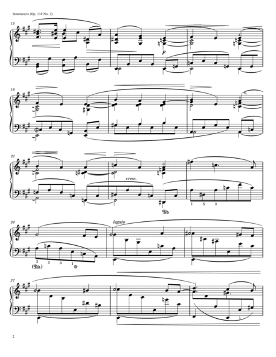 Johannes Brahms - Intermezzo - Op. 118 No. 2 (A Major) - Original With Fingered Piano Solo scores gallery preview page 2