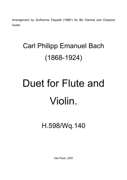 Carl Philipp Emanuel Bach - Duet for Flute and Violin H.598/Wq.140. Arrangement for Clarinet Bb and image number null