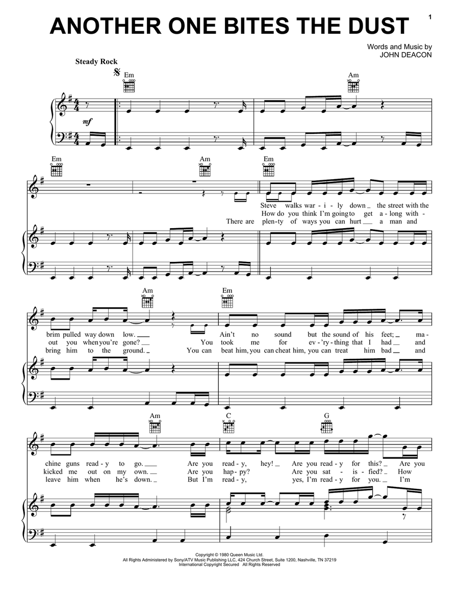 Another One Bites The Dust Piano, Vocal, Guitar scores gallery preview page 1