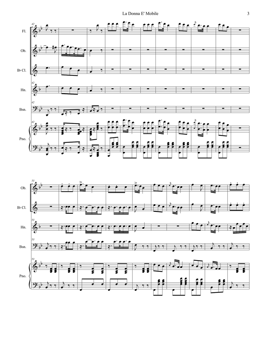 La Donna È Mobile (for Woodwind Quintet and Piano) Woodwind Quintet scores gallery preview page 4