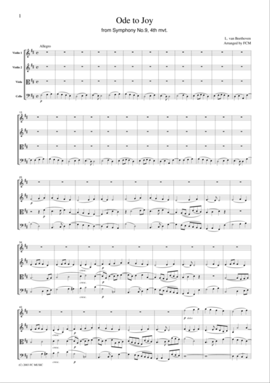 Beethoven Ode to Joy from Symphony No.9, 4th mvt., for string quartet, CB009 String Quartet scores gallery preview page 1