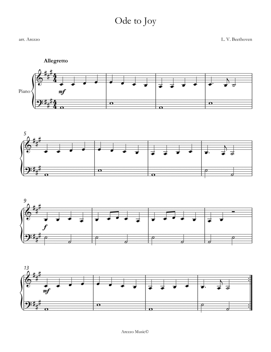 ode to joy easy piano sheet music transposed in a major image number null